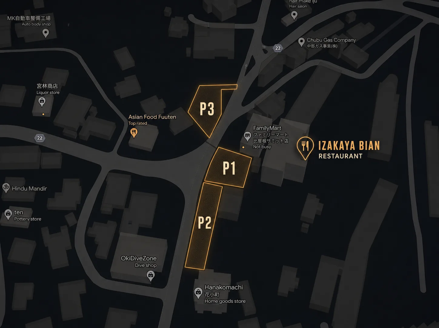 Map of the three Izakaya Bian parking lots: P1 in front of the restaurant, P2 along the road, P3 across from the Family Mart